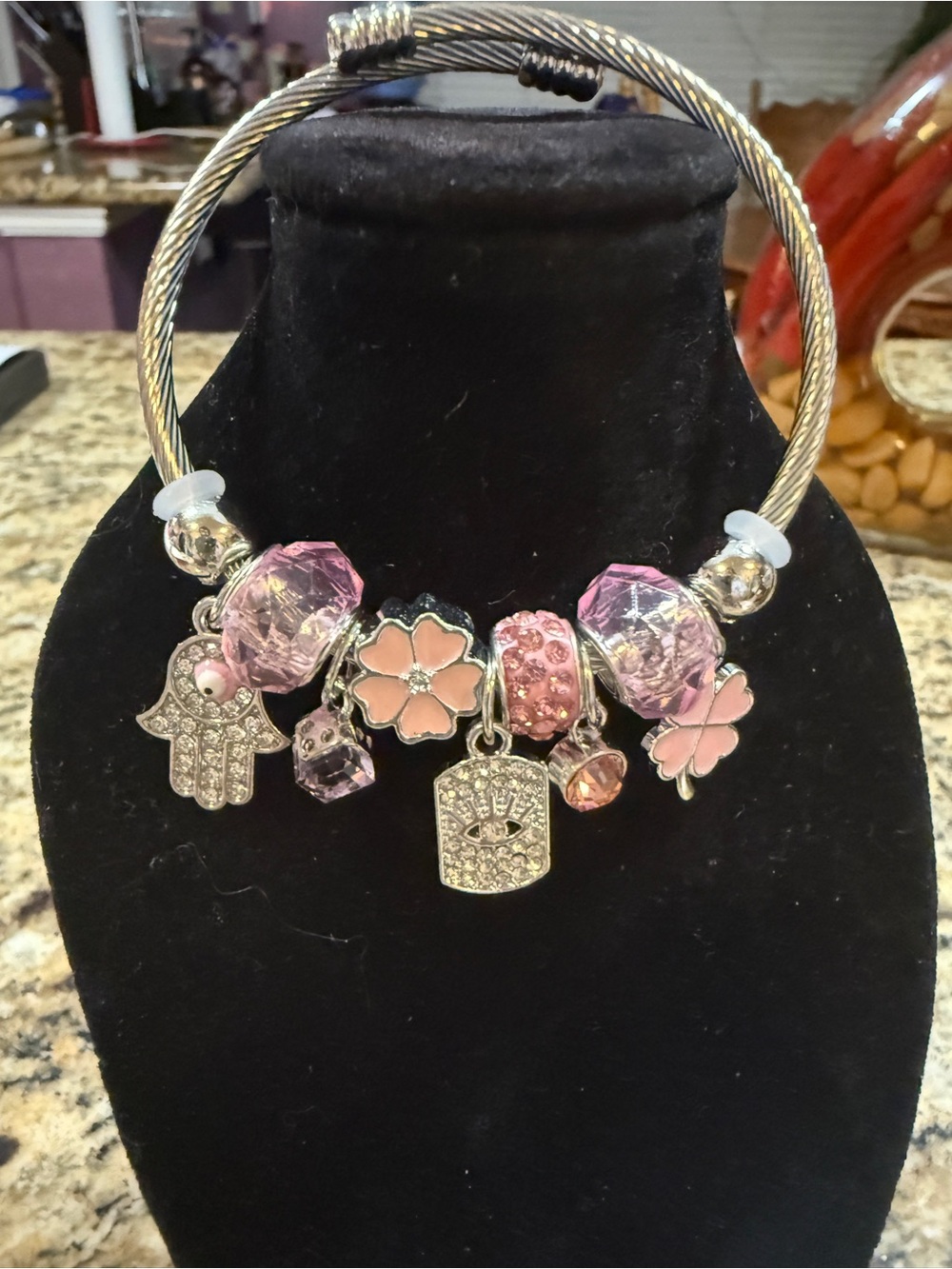 Silver Cable Bracelet with Pink Crystal and Flower Charms